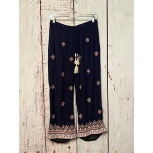Sundance Niovi Wide Leg Pant Embroidery Boho Drawstring Viscose Blue Size Small